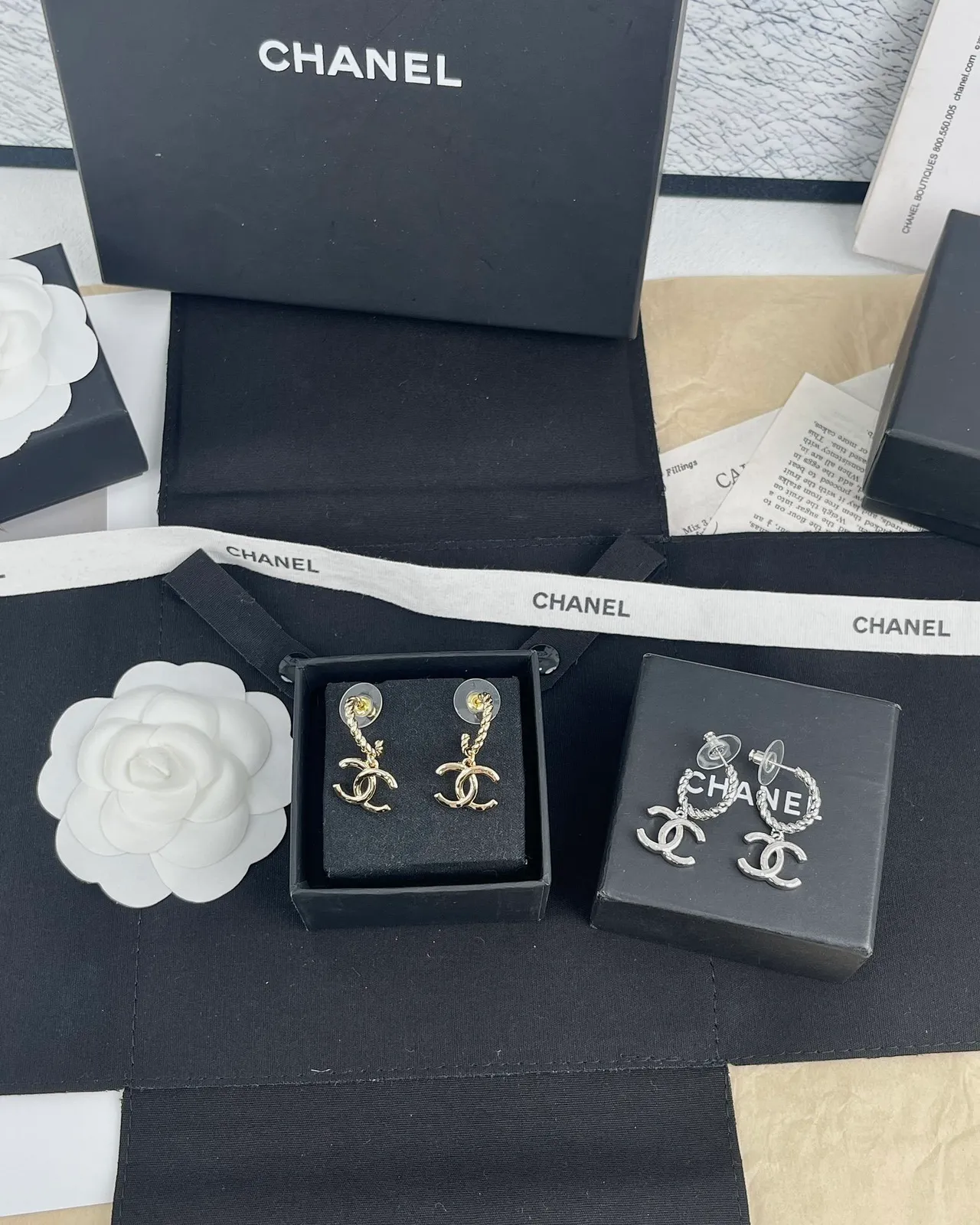 Chanel Gold Black Interlocking CC Logo Earrings 5