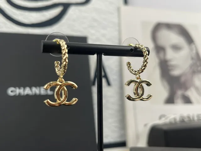 Chanel Gold Black Interlocking CC Logo Earrings 6