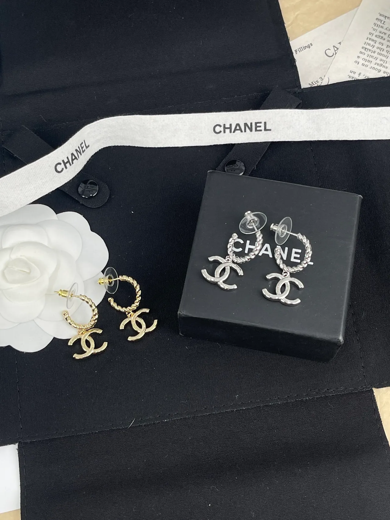 Chanel Gold Black Interlocking CC Logo Earrings 7