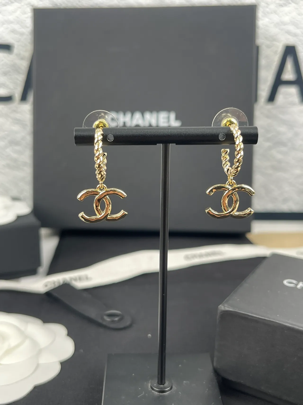 Chanel Gold Black Interlocking CC Logo Earrings 8