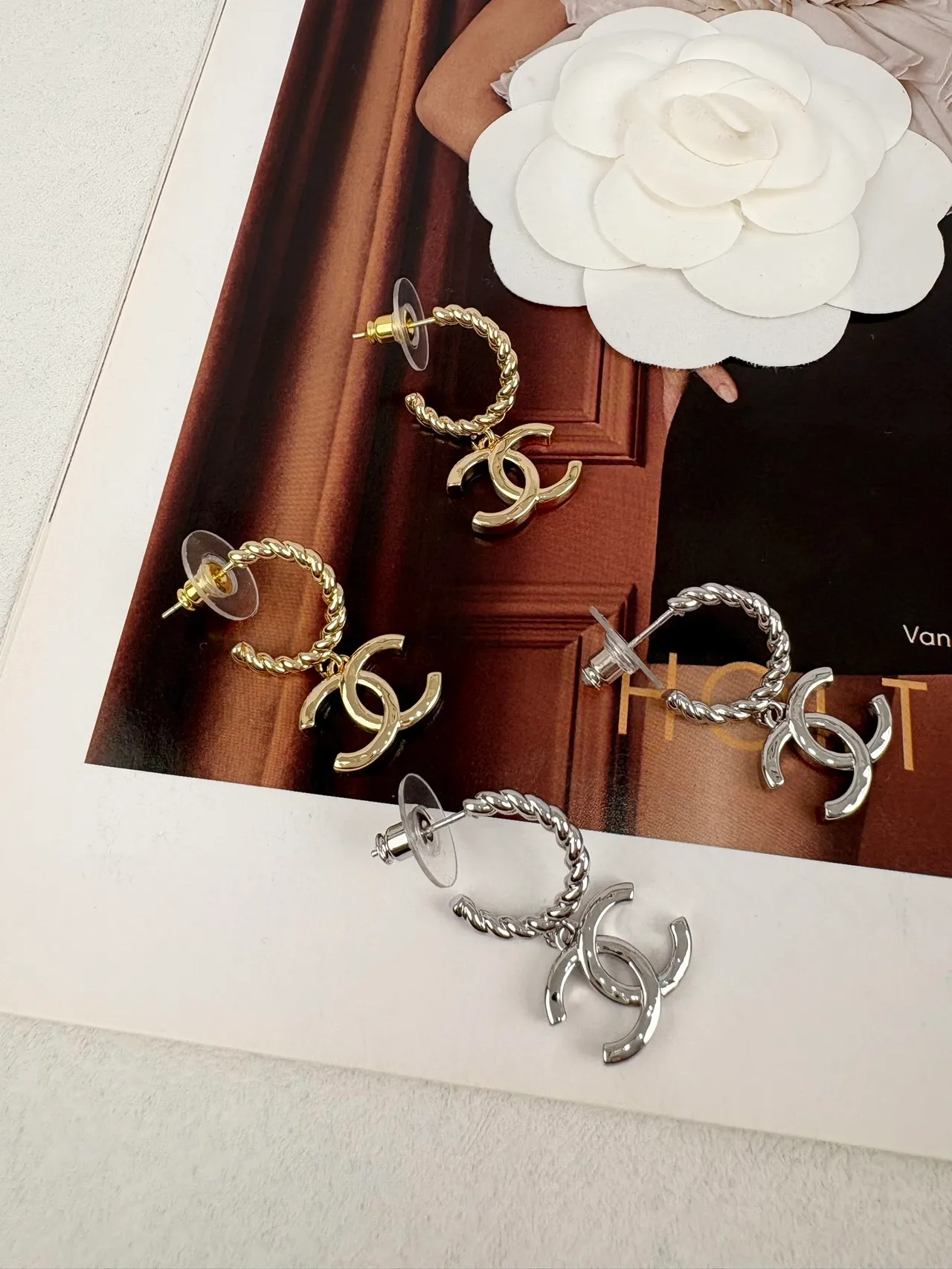 Chanel Gold Black Interlocking CC Logo Earrings 10