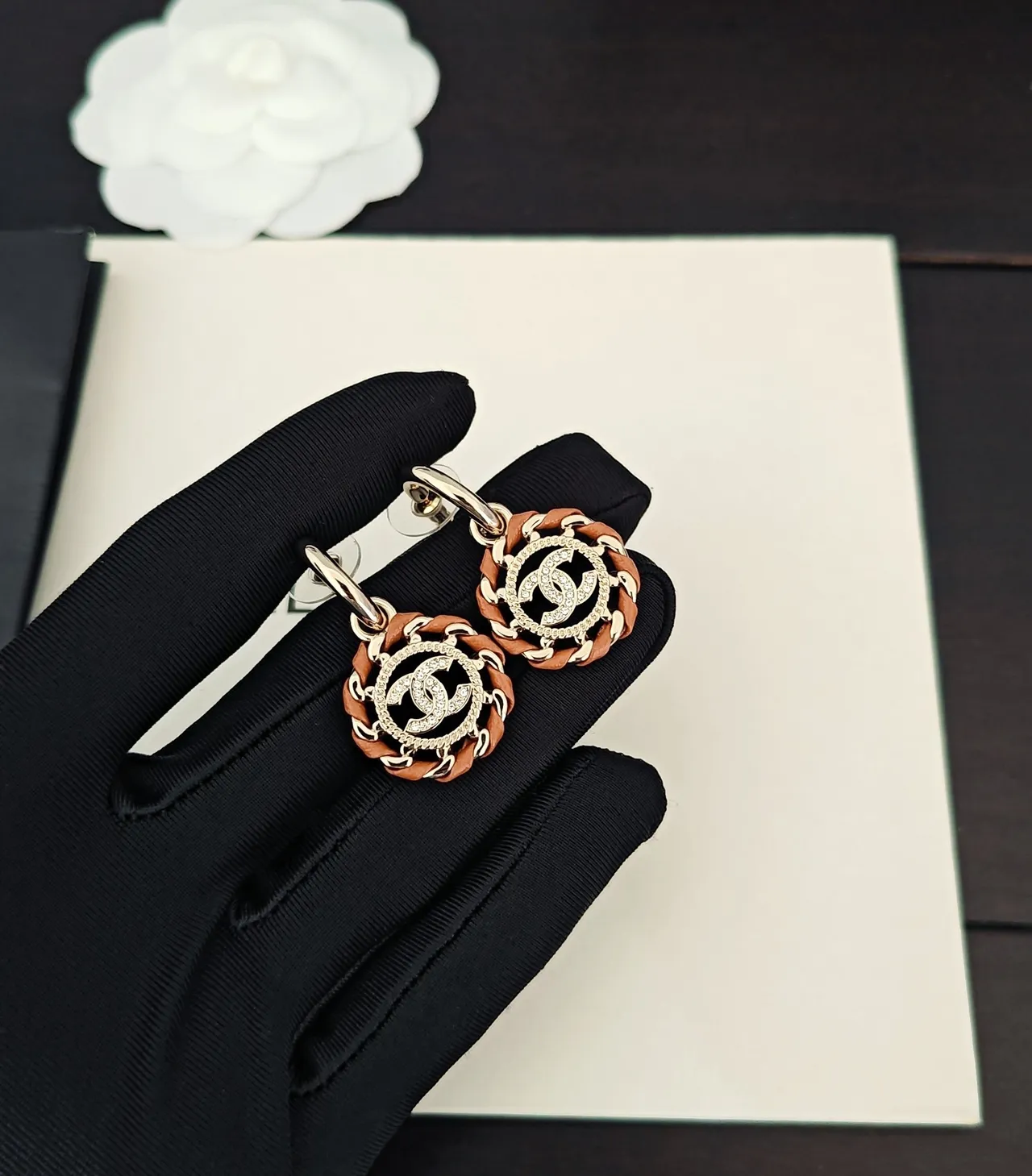 Chanel Gold Brown Interlocking CC Logo Pavé Crystal Border Earrings 2