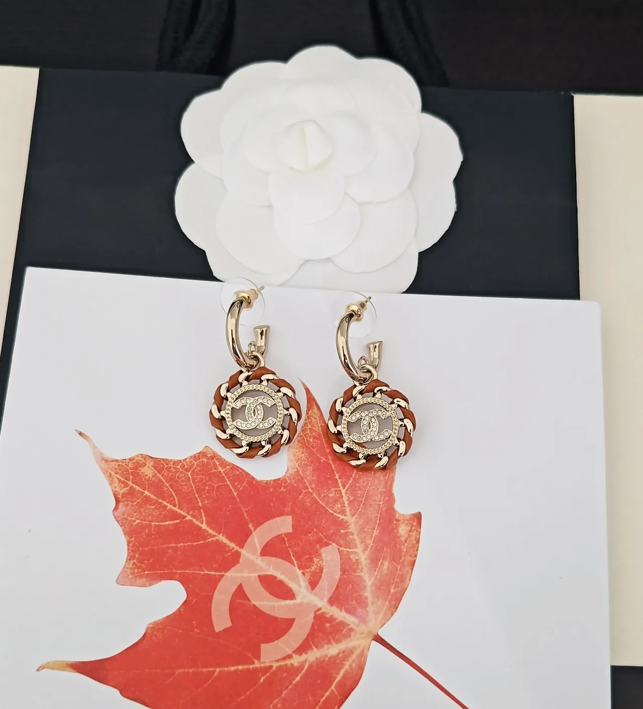 Chanel Gold Brown Interlocking CC Logo Pavé Crystal Border Earrings 4