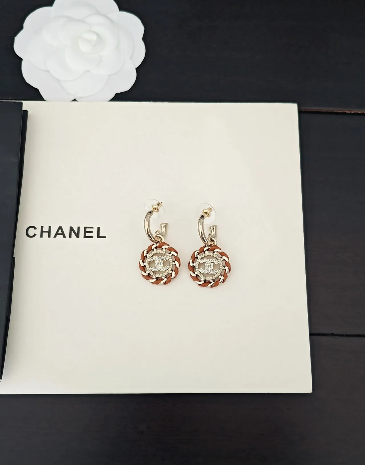 Chanel Gold Brown Interlocking CC Logo Pavé Crystal Border Earrings 5
