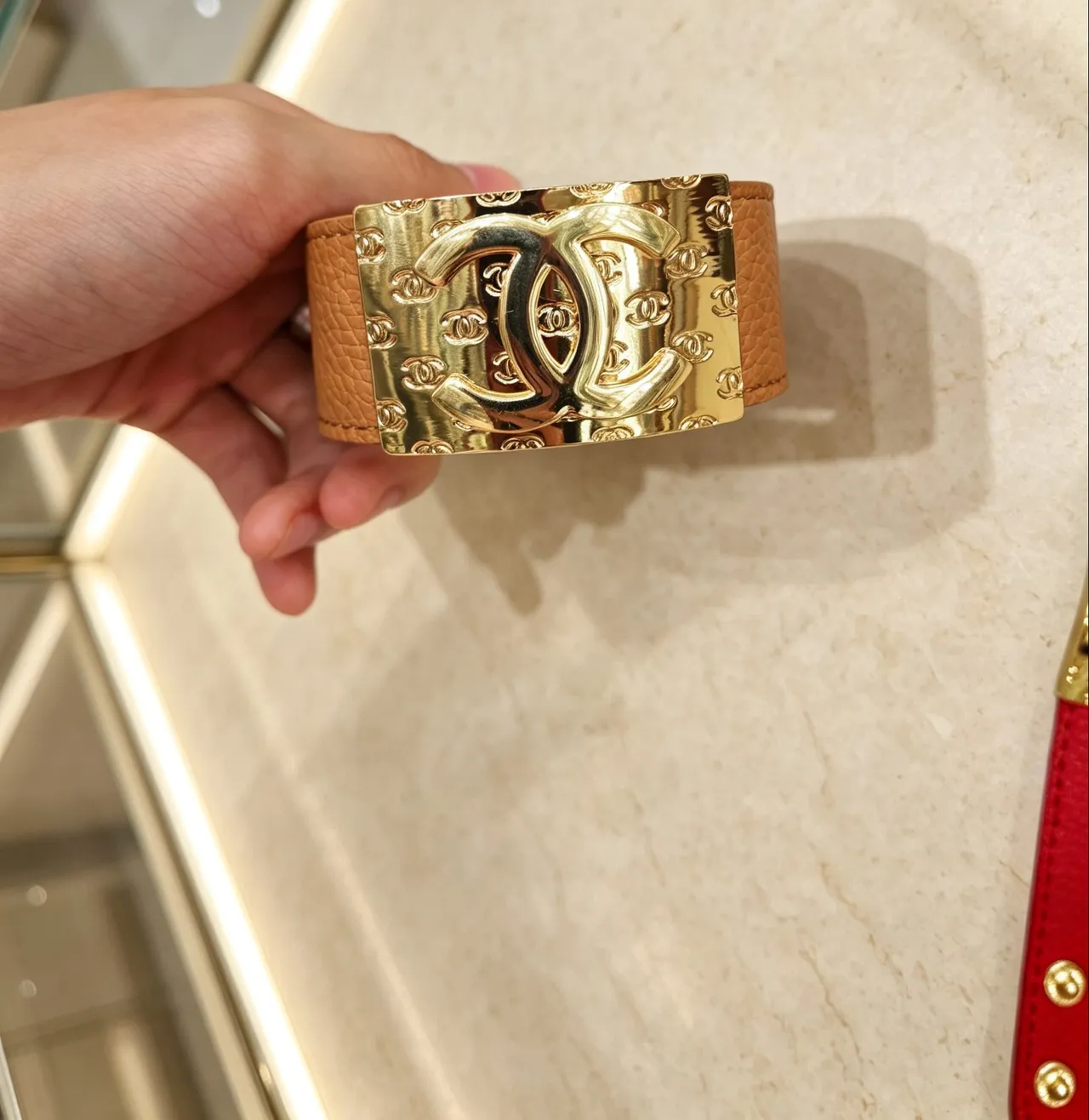 Chanel Gold Multicolor Wide Leather Cuff CC Plaque Bracelet 2