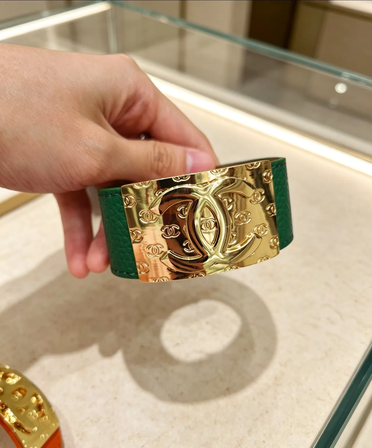Chanel Gold Multicolor Wide Leather Cuff CC Plaque Bracelet 4