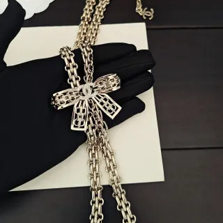 Chanel Gold Silver Bow-Shaped Pendant Multi-Chain Construction Necklace
