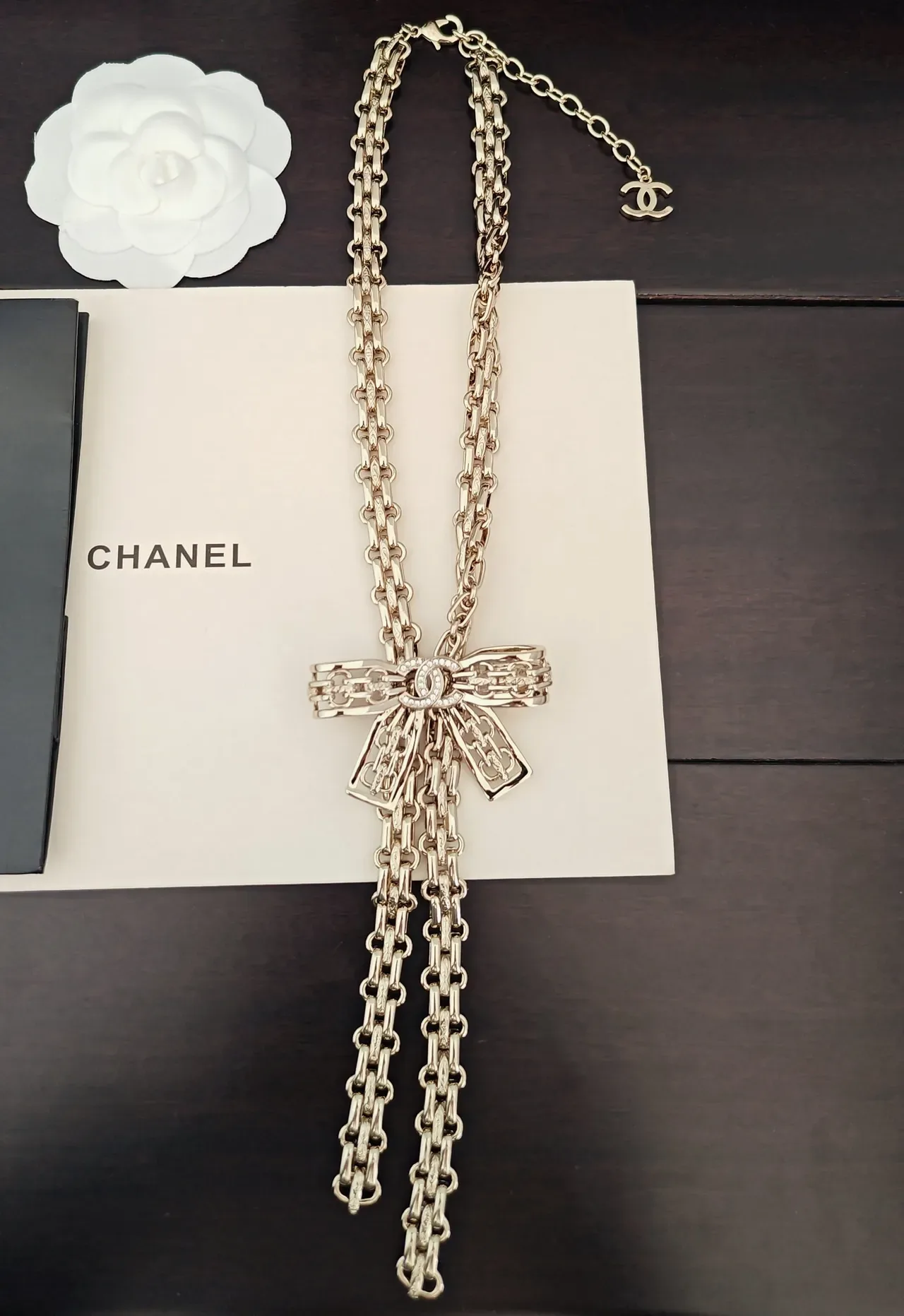 Chanel Collier Pendentif Nœud Or Argent Chaîne Multiple 5
