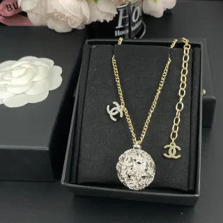 Chanel Gold Silver Chain Crystal-Encrusted Spherical Pendant Necklace