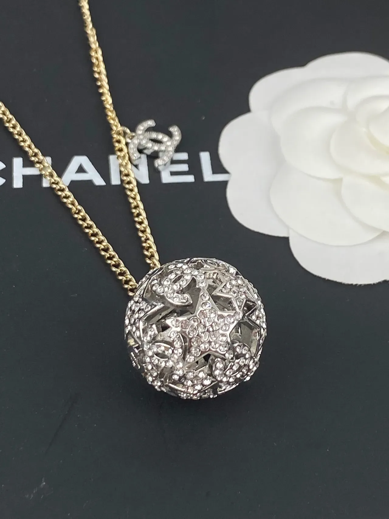 Collier Chanel Chaîne Or Argent Pendentif Sphérique Cristal Encrusté 6