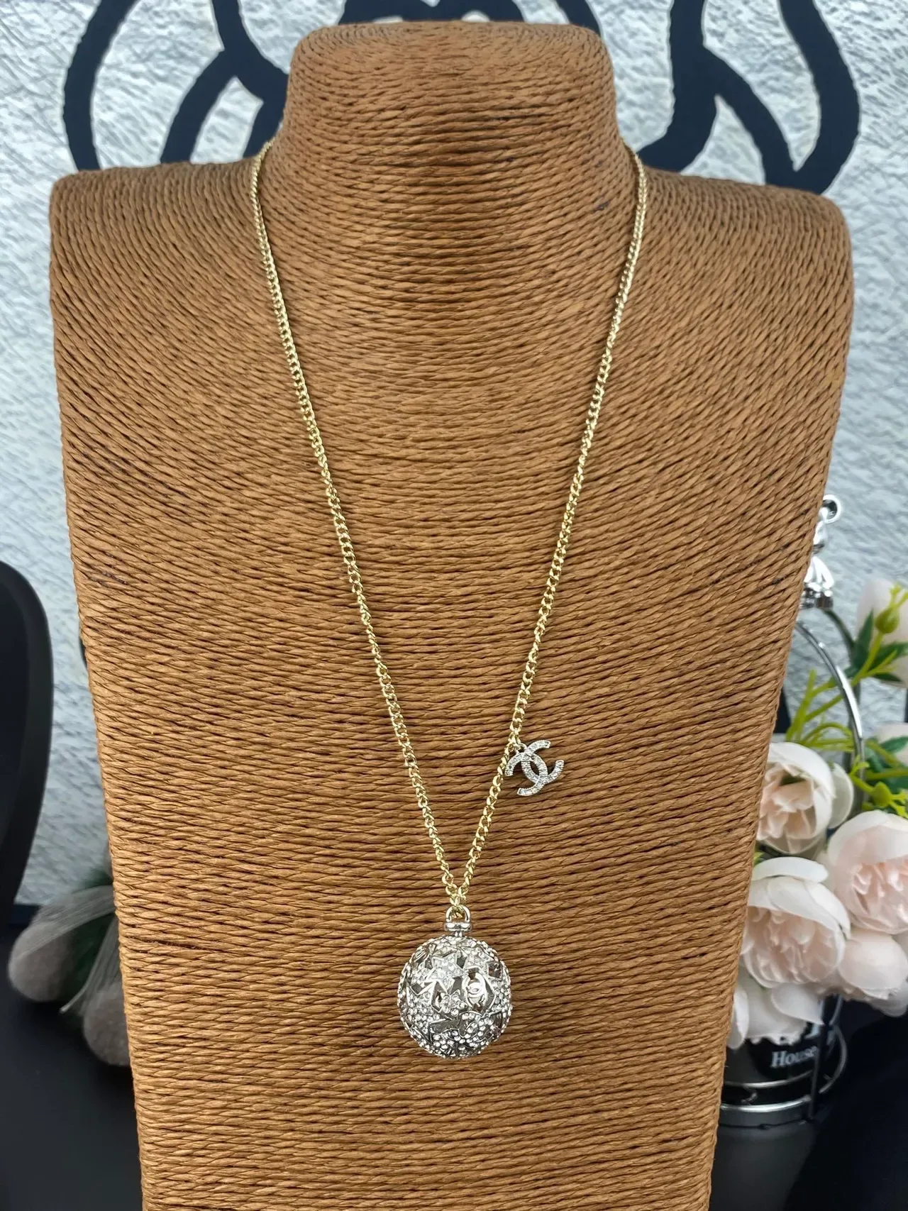 Collier Chanel Chaîne Or Argent Pendentif Sphérique Cristal Encrusté 7