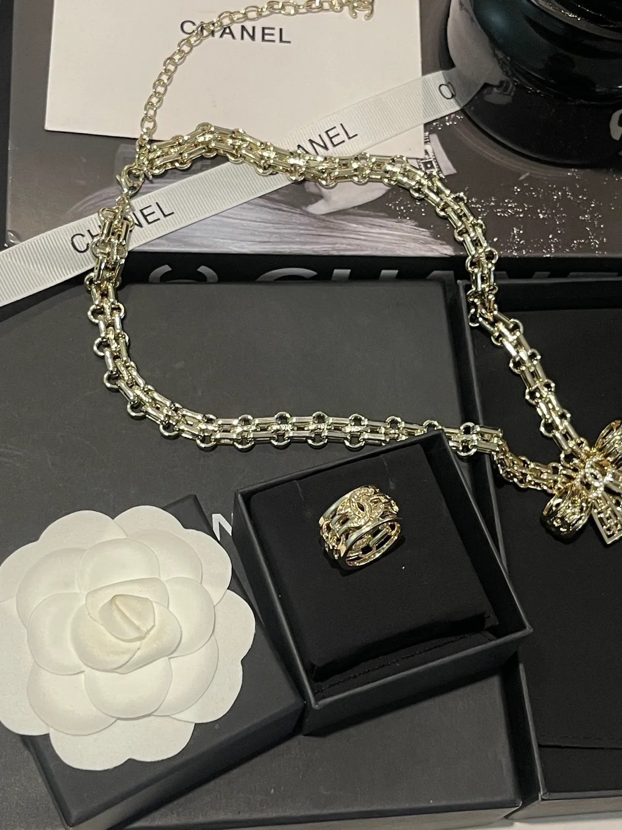 Chanel Gold Silver Multi-Band Pavé Crystal Ring 5