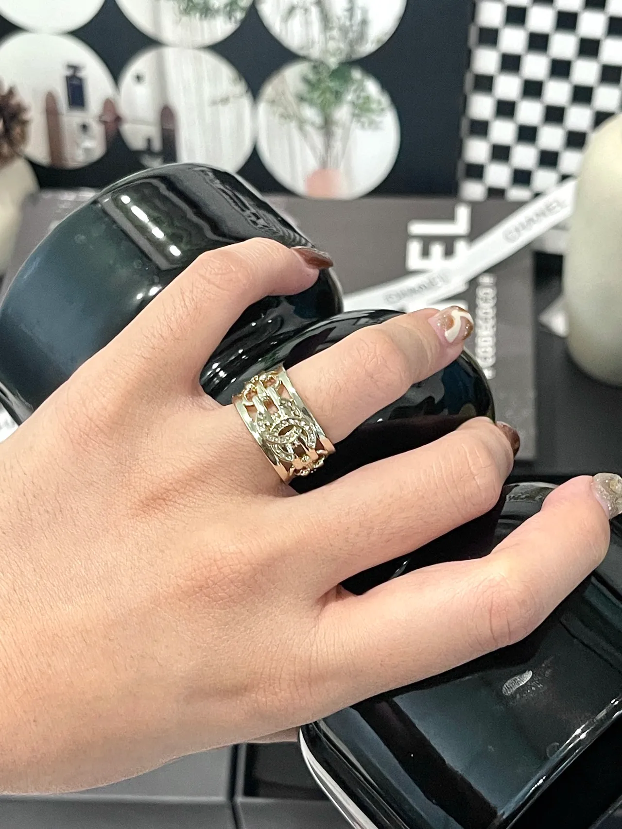 Chanel Gold Silver Multi-Band Pavé Crystal Ring 6