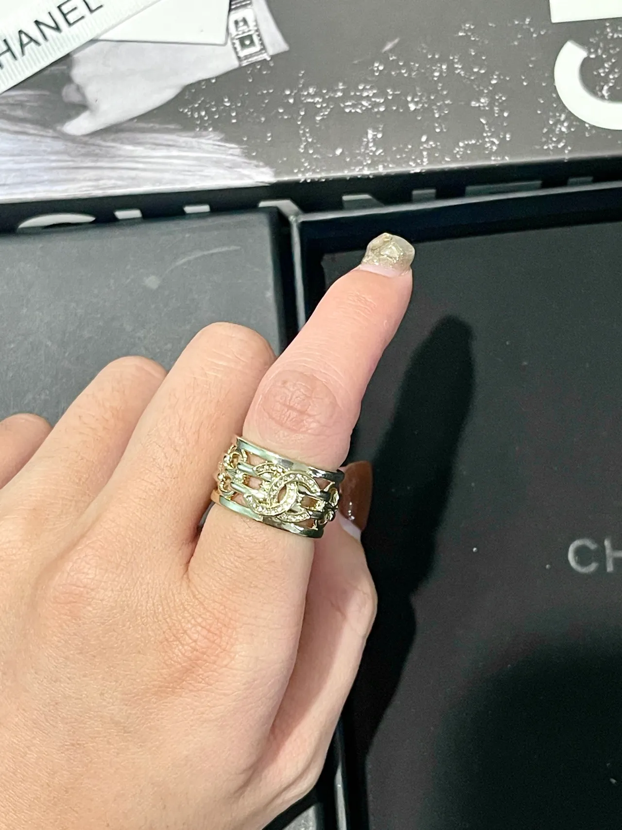 Chanel Gold Silver Multi-Band Pavé Crystal Ring 7