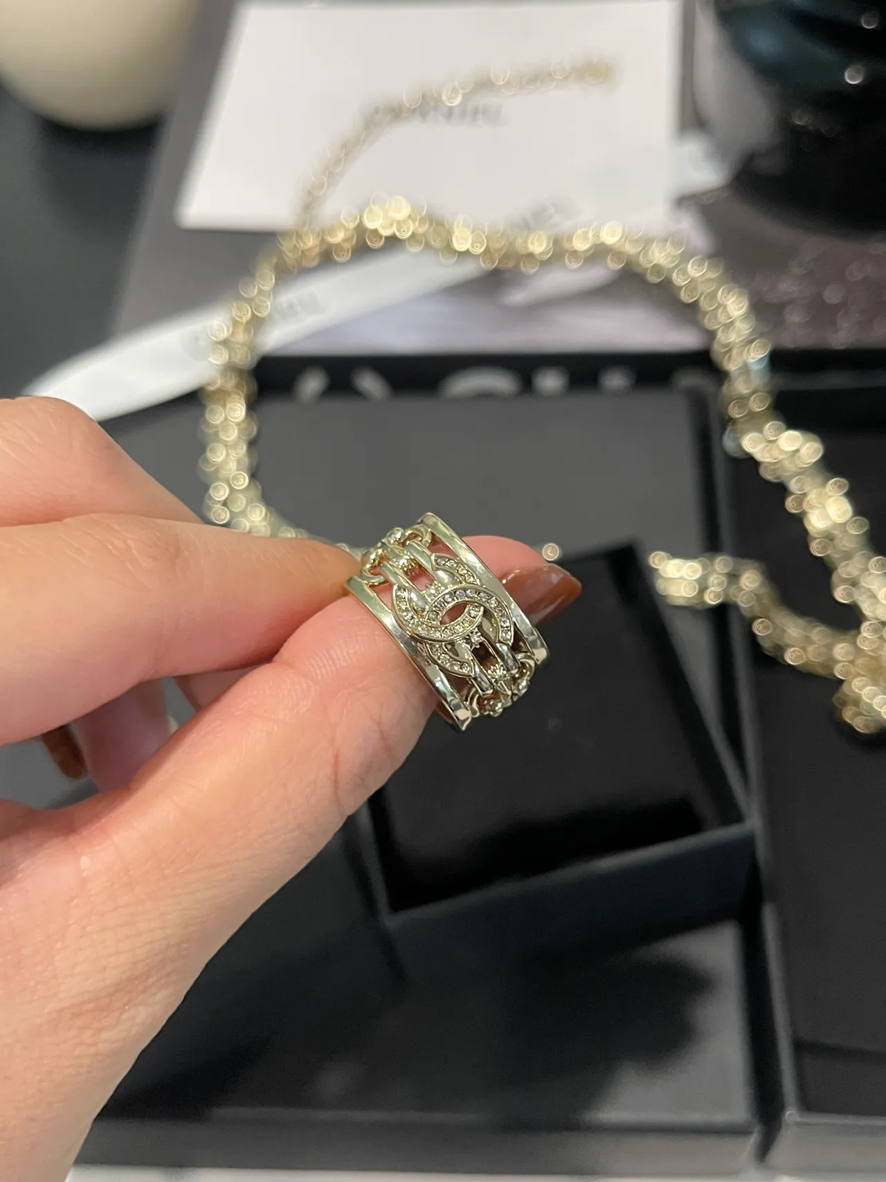 Chanel Gold Silver Multi-Band Pavé Crystal Ring 10