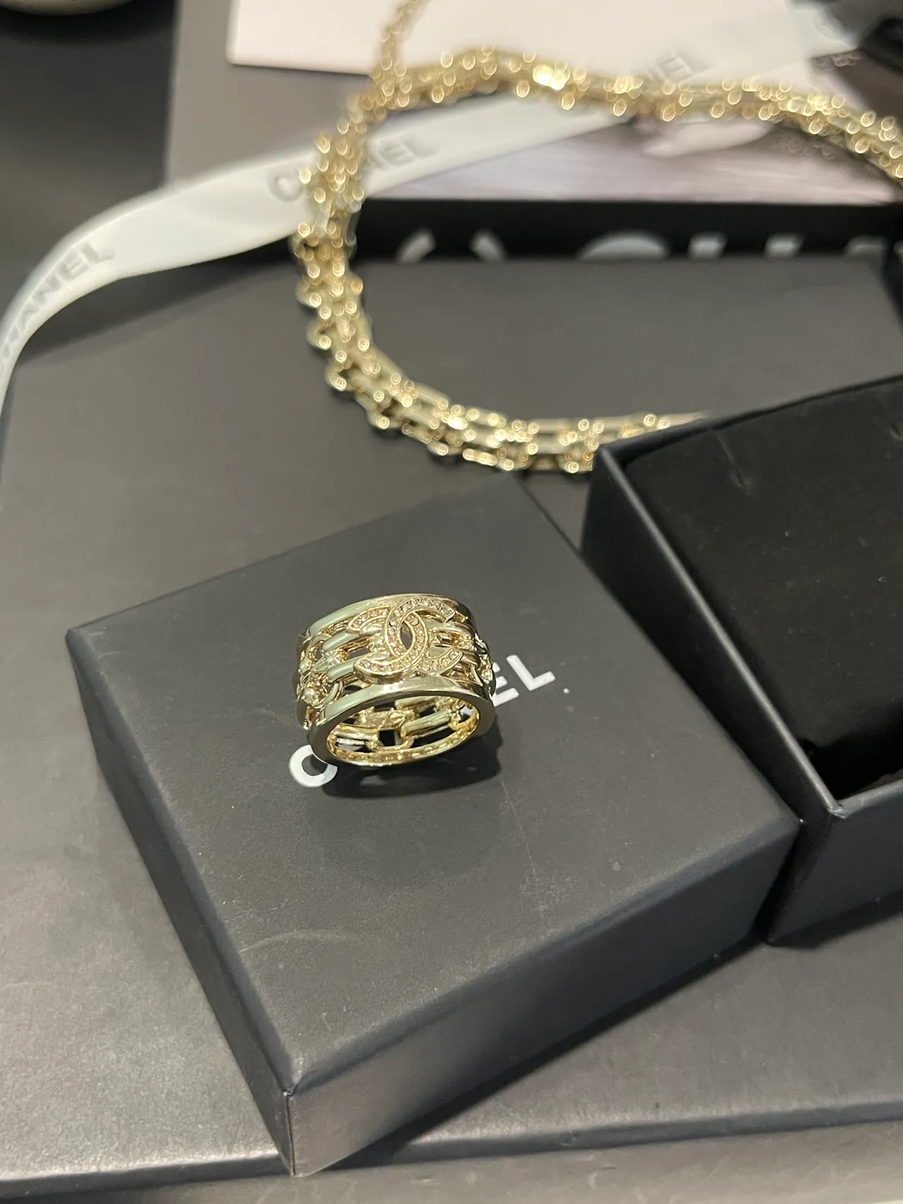 Chanel Gold Silver Multi-Band Pavé Crystal Ring 11