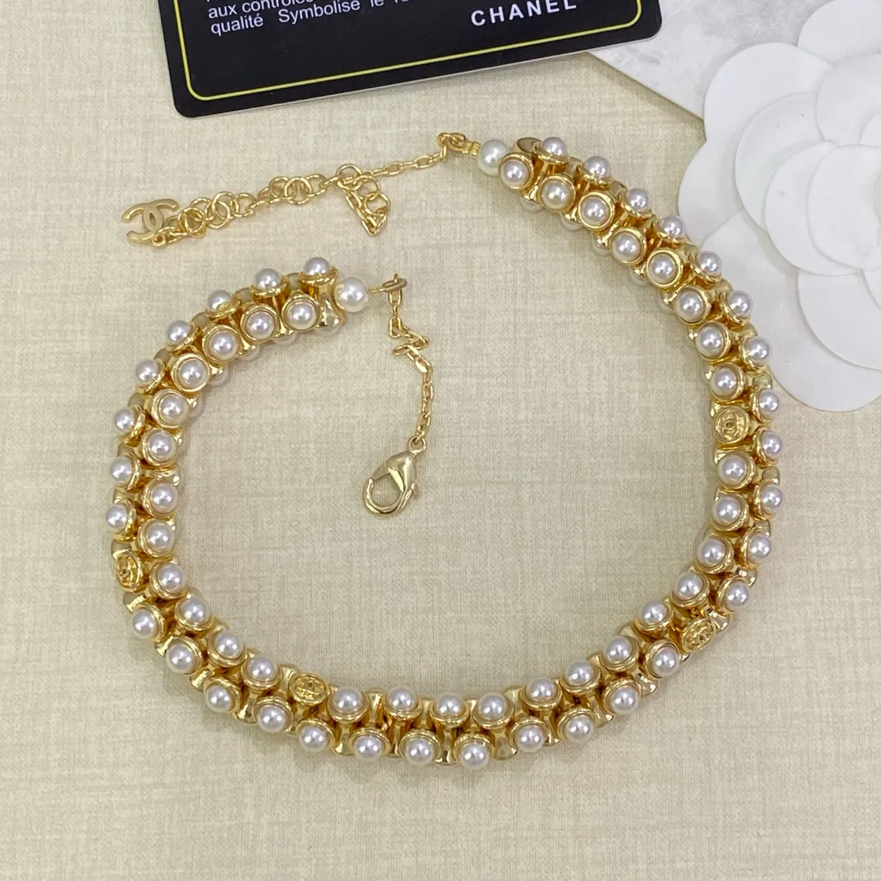 Chanel Gold White Double-Row Pearl CC-Logo Connectors Necklace 2