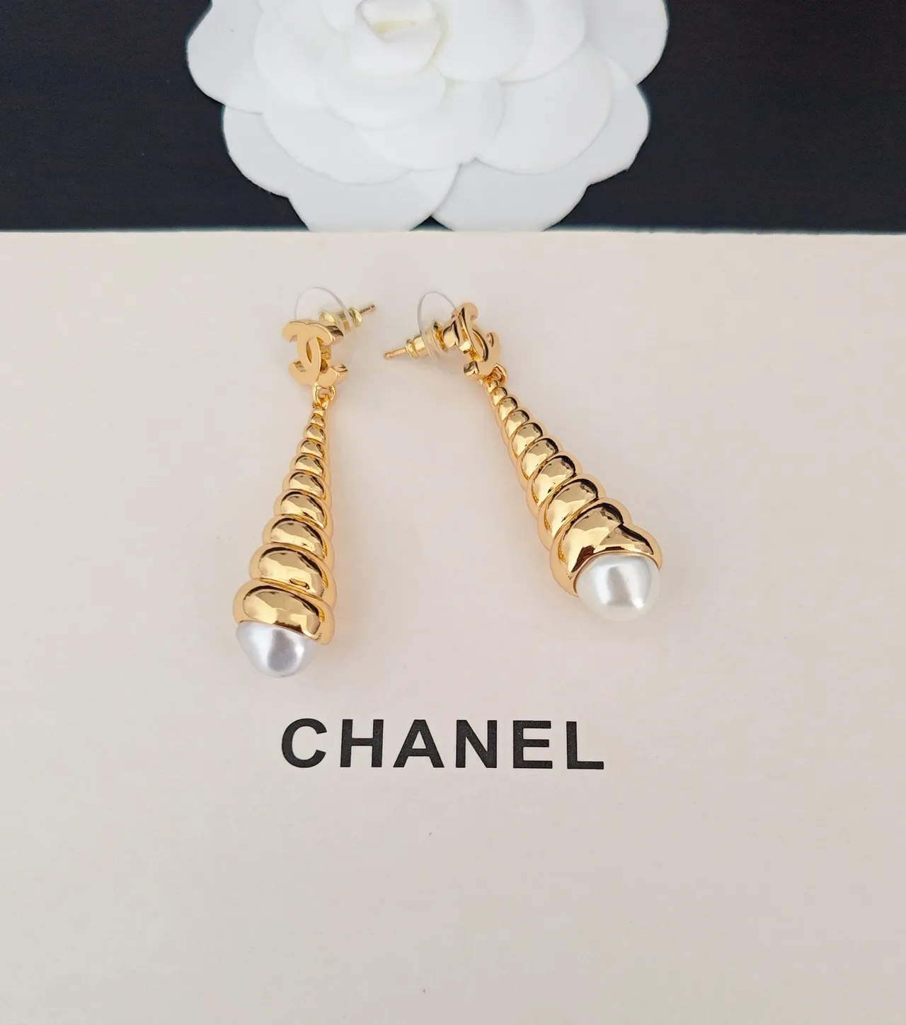 Chanel Gold White Spiral Cone Drop Pearl Terminal Earrings 3