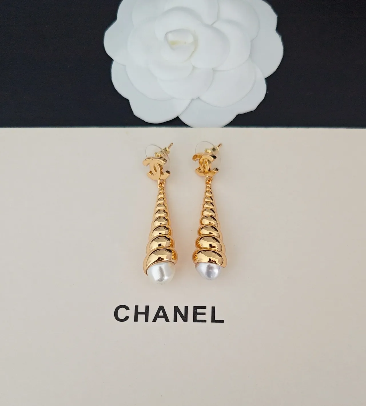 Chanel Gold White Spiral Cone Drop Pearl Terminal Earrings 4
