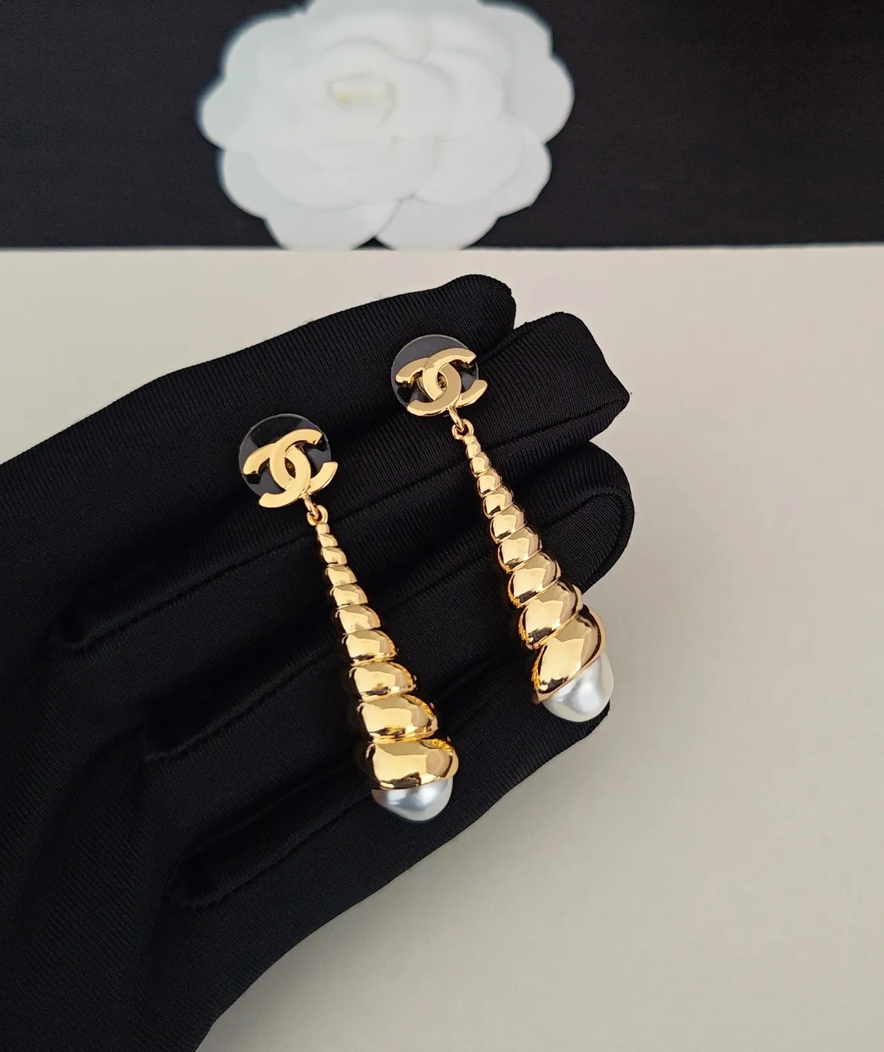 Chanel Gold White Spiral Cone Drop Pearl Terminal Earrings 5