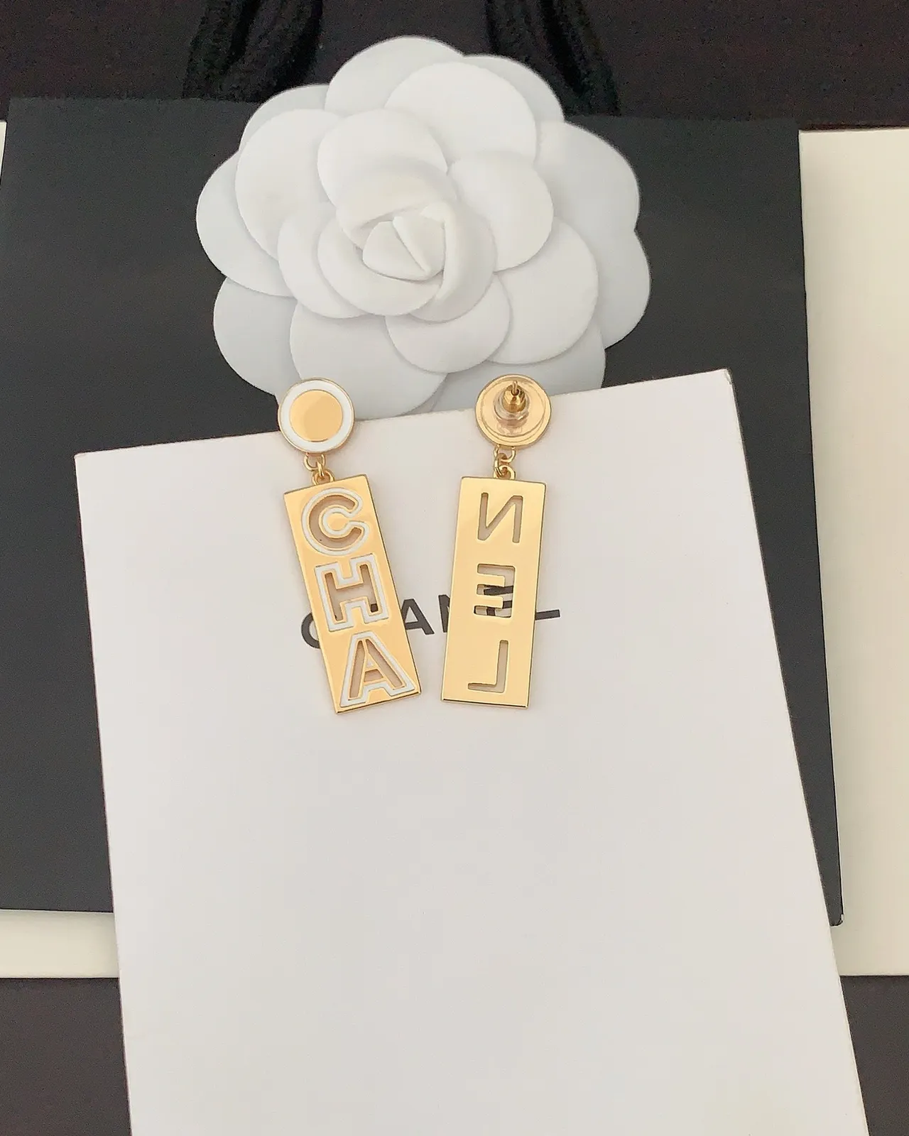 Chanel Logo Drop Gold Black Enamel-Lettering Earrings 2