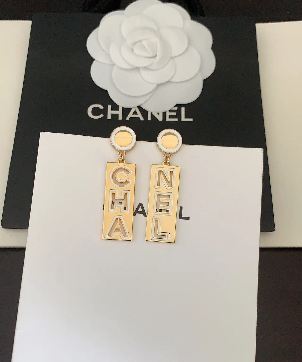 Chanel Logo Drop Gold Black Enamel-Lettering Earrings 3
