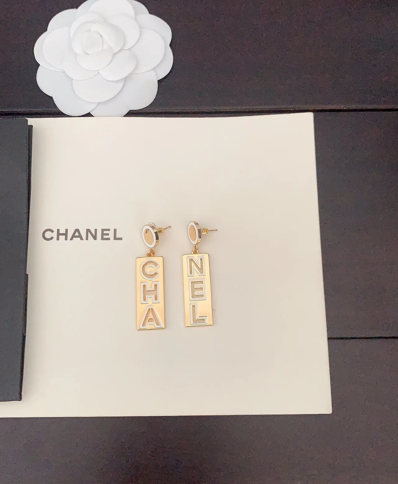 Chanel Logo Drop Gold Black Enamel-Lettering Earrings 4