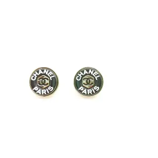 Chanel Logo Stud Black Silver Circular Enamel Face Earrings
