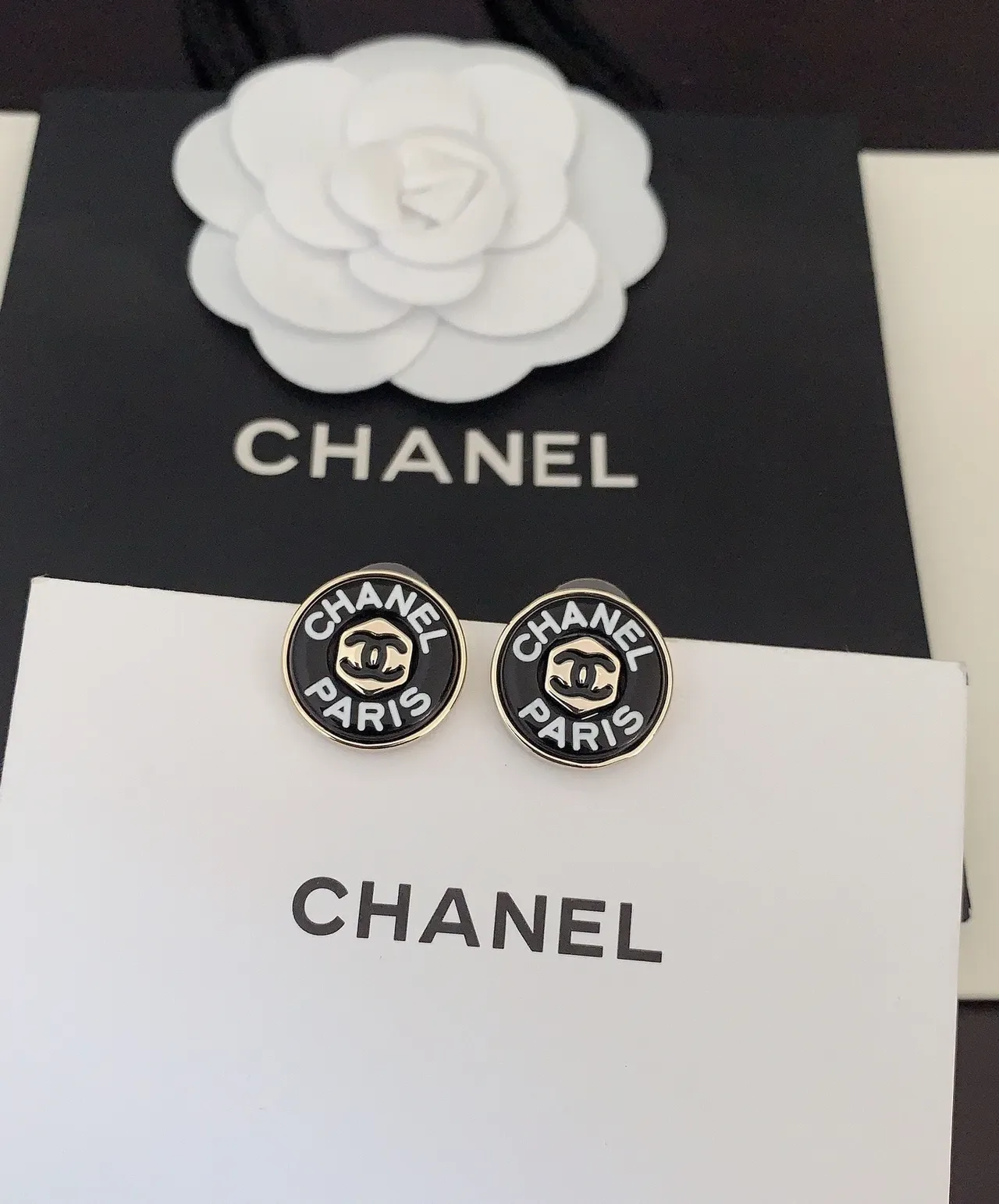 Chanel Logo Stud Black Silver Circular Enamel Face Earrings 2