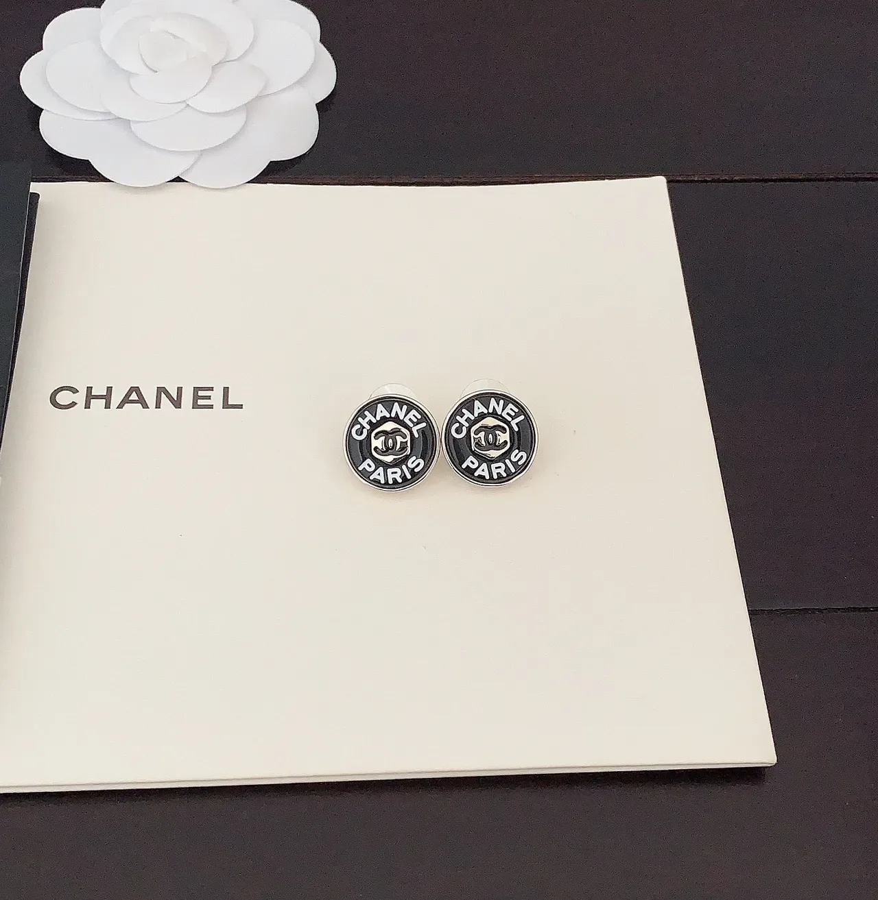 Chanel Logo Stud Black Silver Circular Enamel Face Earrings 3