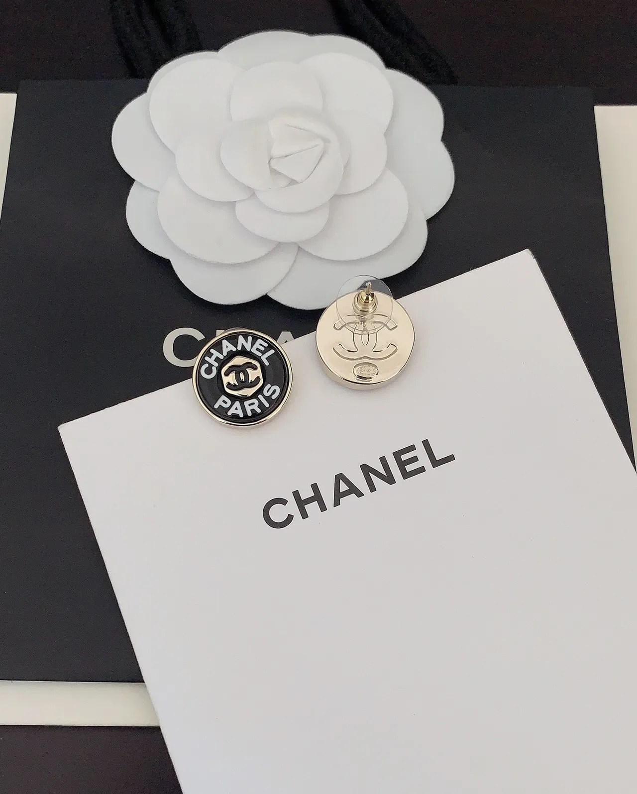 Chanel Logo Stud Black Silver Circular Enamel Face Earrings 5