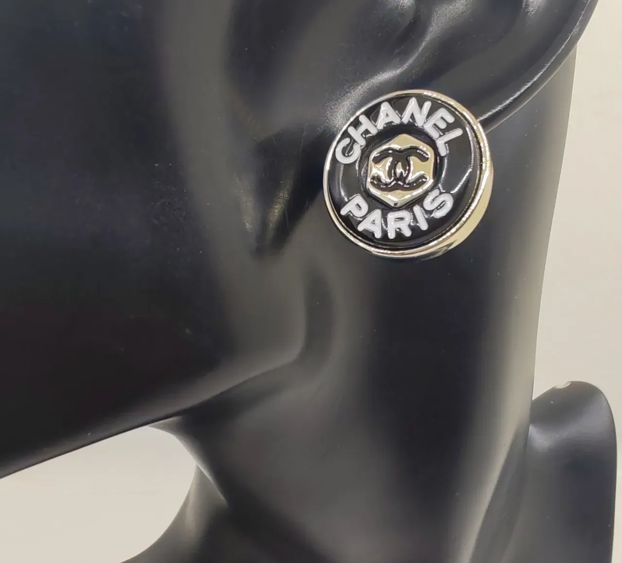 Chanel Logo Stud Black Silver Circular Enamel Face Earrings 6