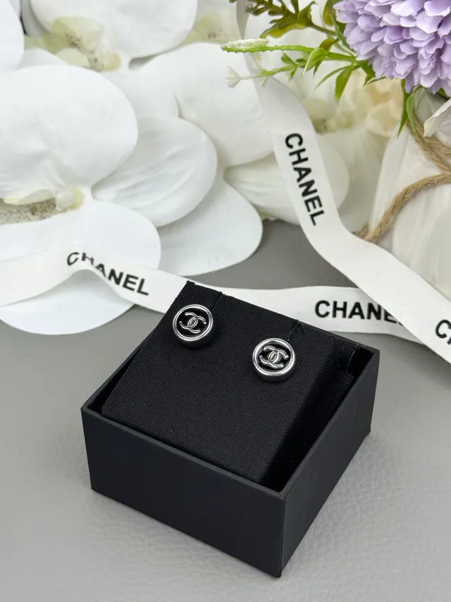 Chanel Logo Stud Black Silver Circular Enamel Face Earrings 2