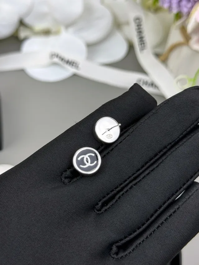 Chanel Logo Stud Black Silver Circular Enamel Face Earrings 3