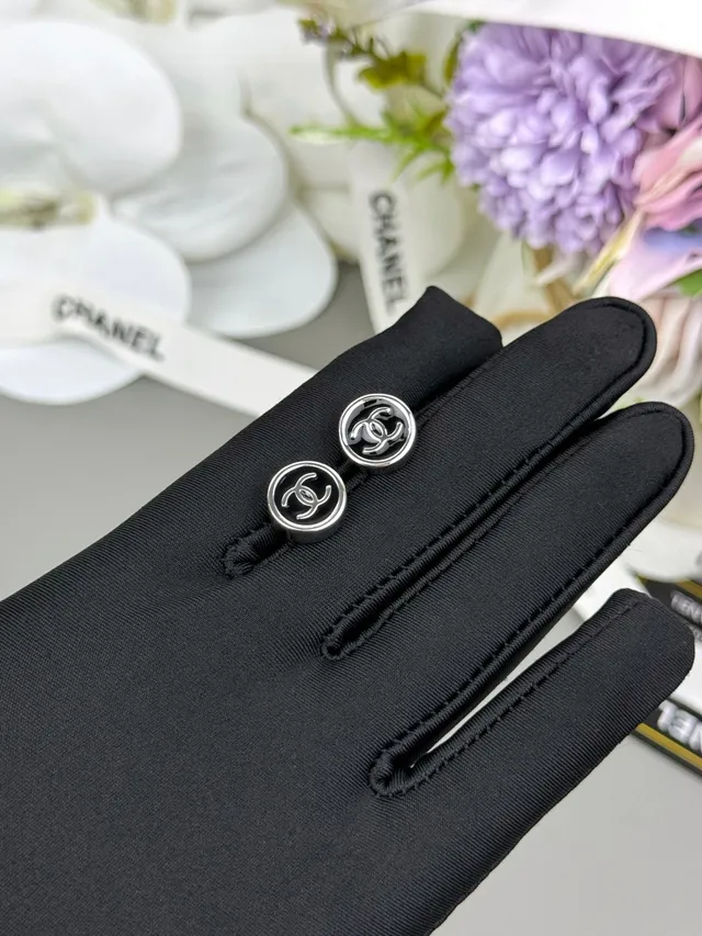 Chanel Logo Stud Black Silver Circular Enamel Face Earrings 4