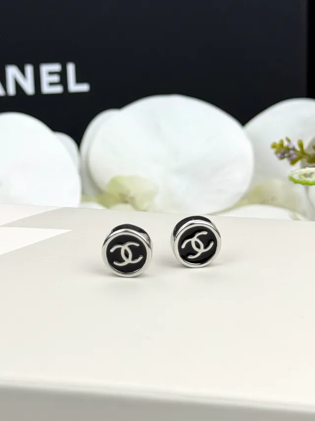 Chanel Logo Stud Black Silver Circular Enamel Face Earrings 5