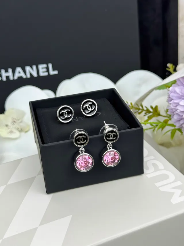 Chanel Logo Stud Black Silver Circular Enamel Face Earrings 6