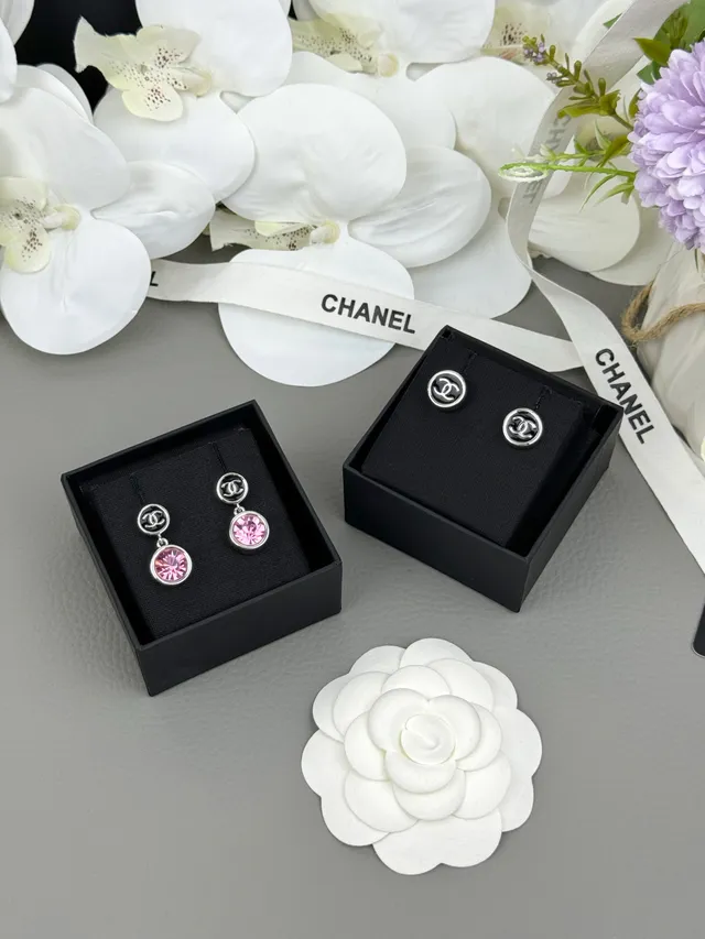 Chanel Logo Stud Black Silver Circular Enamel Face Earrings 8