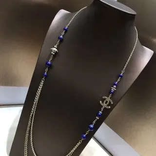 Chanel Long Beaded Necklace Blue Silver Layered Chain Lapis Lazuli Beads Necklace