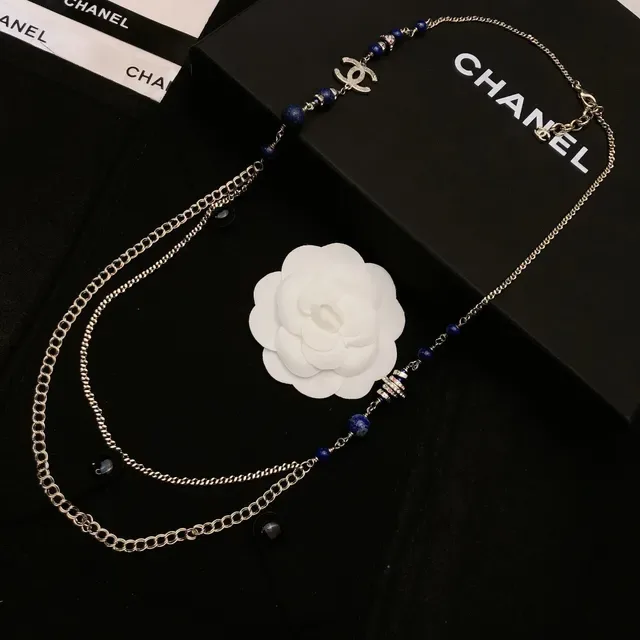Chanel collier long perlé bleu argent chaîne multicouche Lapis Lazuli 4