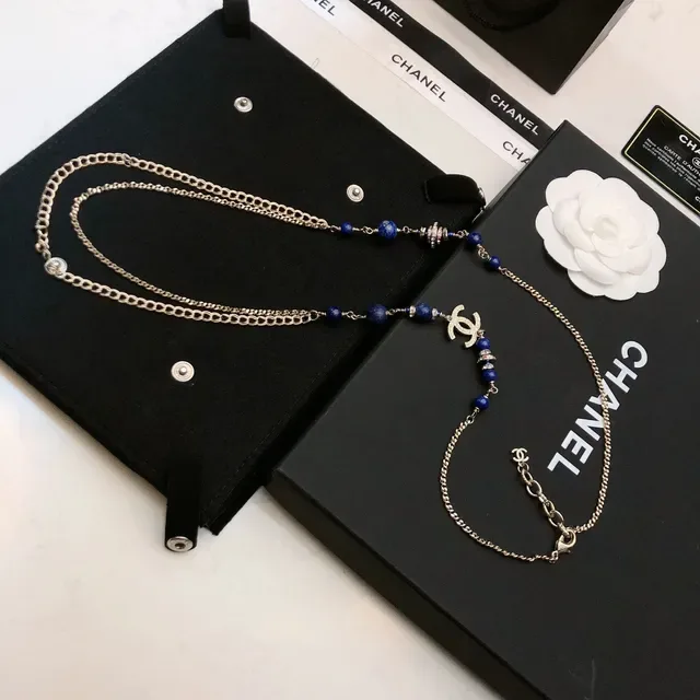 Chanel collier long perlé bleu argent chaîne multicouche Lapis Lazuli 6