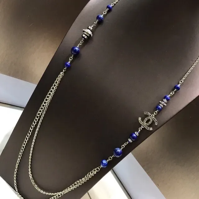 Chanel collier long perlé bleu argent chaîne multicouche Lapis Lazuli 8