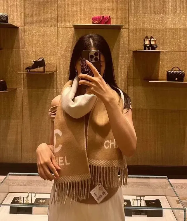 Chanel Monogrammed Beige and Cream Cashmere Scarf 2