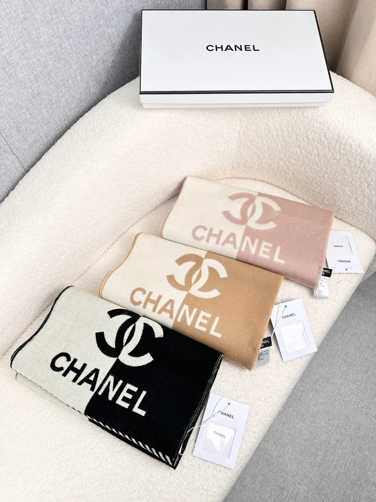 Chanel Monogrammed Beige and Cream Cashmere Scarf 3