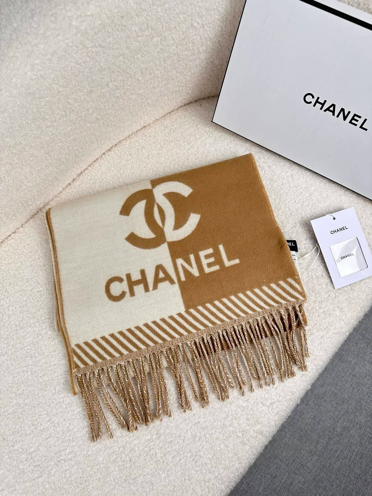 Chanel Monogrammed Beige and Cream Cashmere Scarf 4