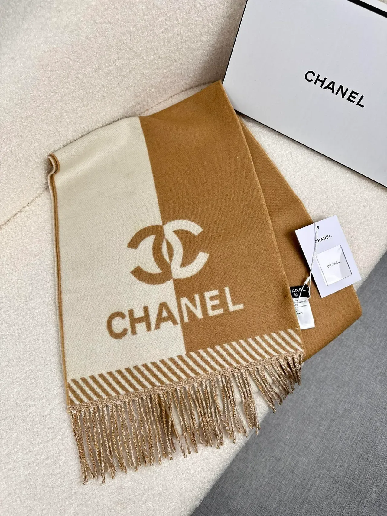 Chanel Monogrammed Beige and Cream Cashmere Scarf 5