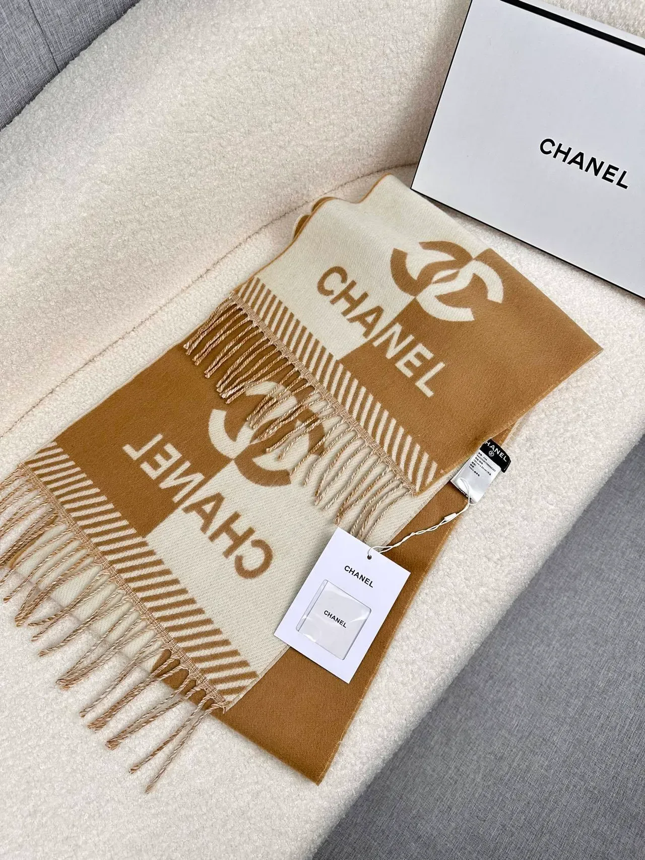 Chanel Monogrammed Beige and Cream Cashmere Scarf 6