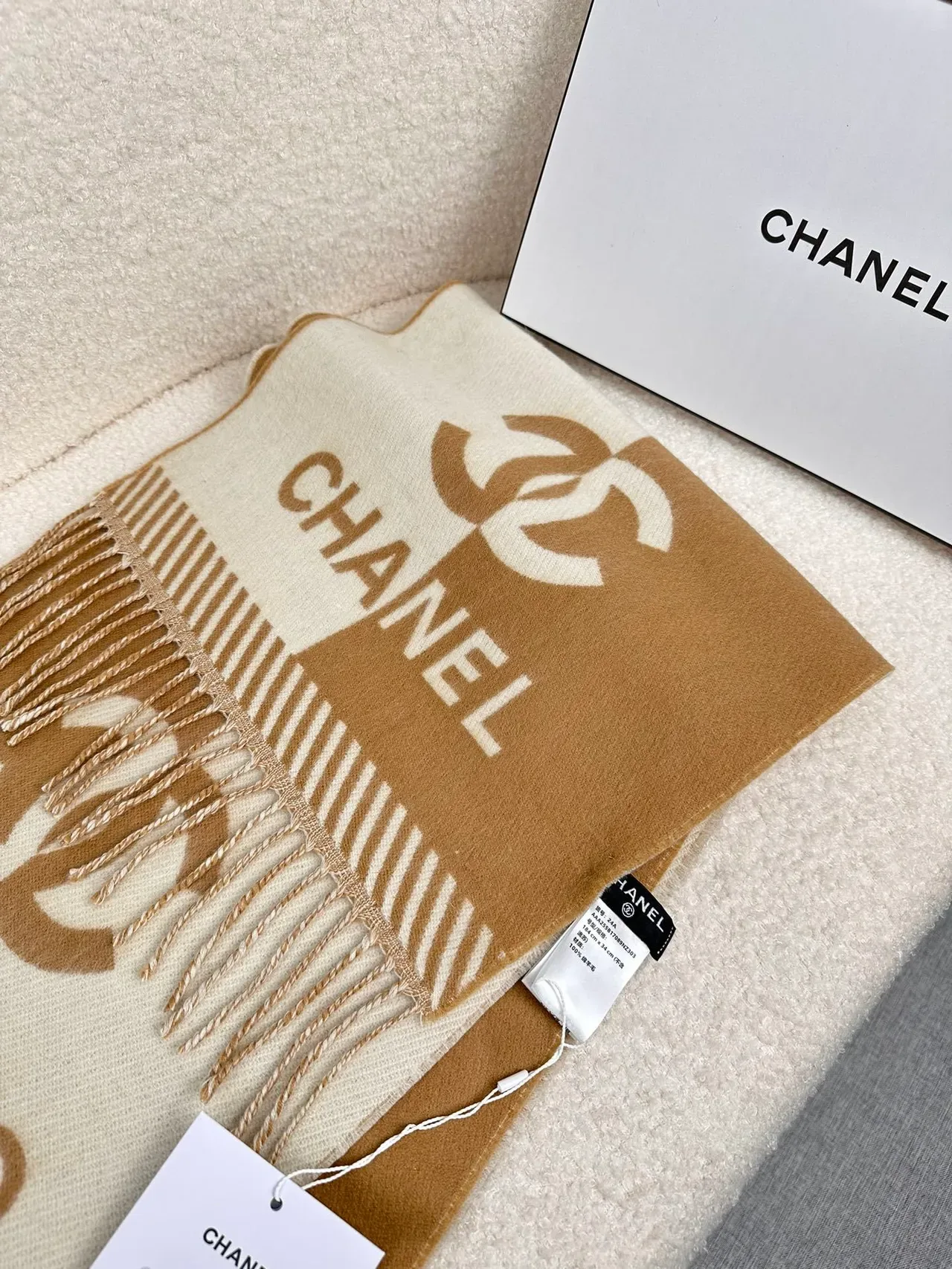 Chanel Monogrammed Beige and Cream Cashmere Scarf 7
