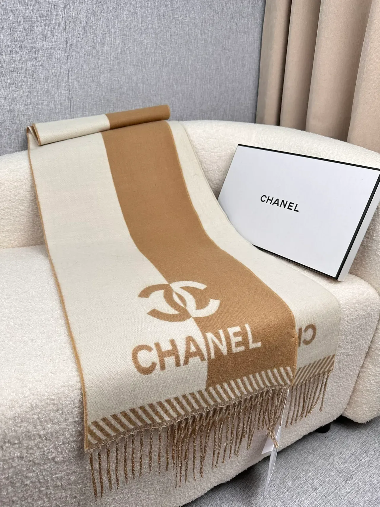 Chanel Monogrammed Beige and Cream Cashmere Scarf 9