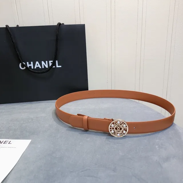 Chanel মুক্তা CC বাকেল ট্যান চামড়া বেল্ট 2